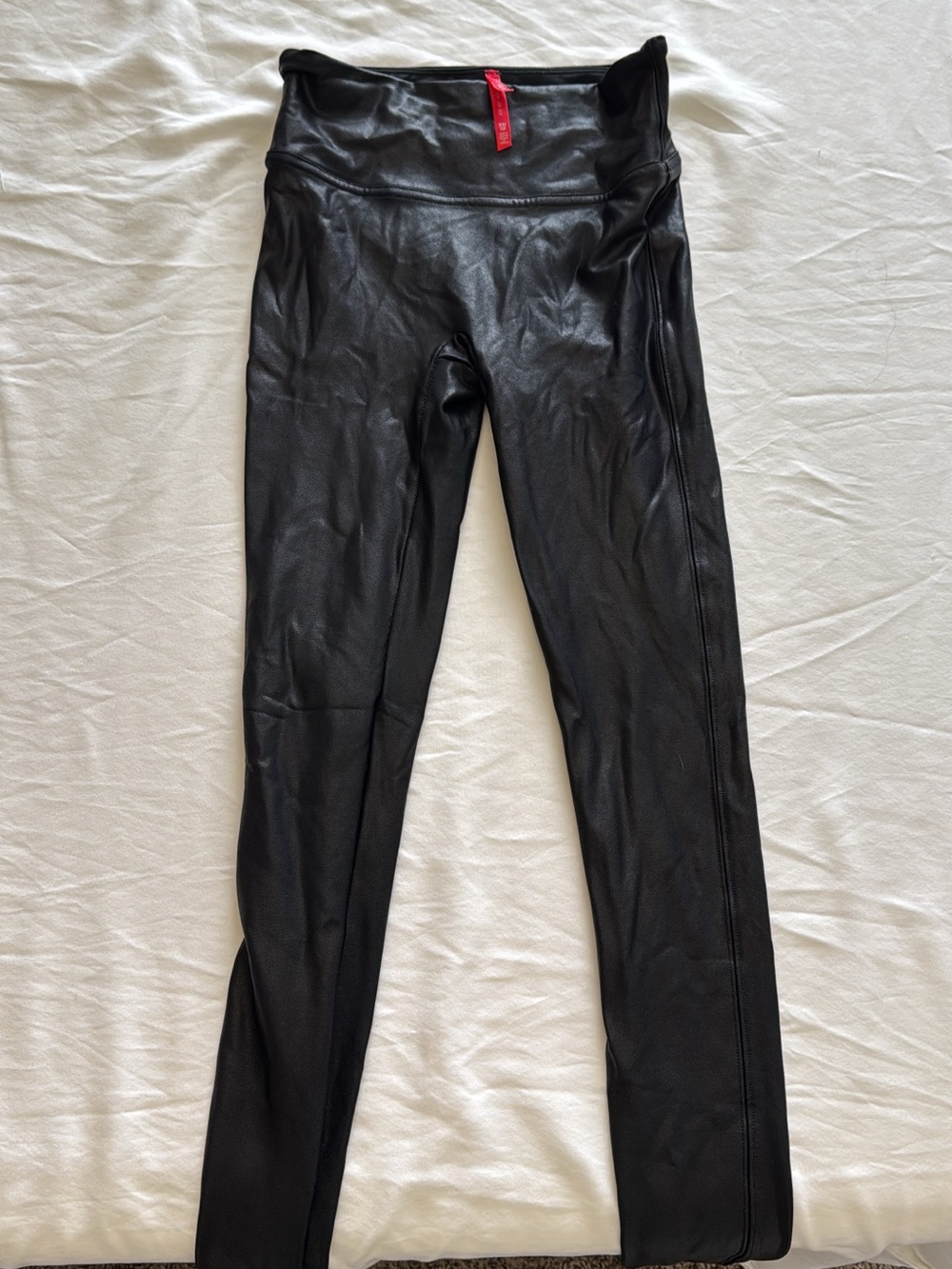 SPANX Black Faux-Suede Leggings with Red Brand Tag
